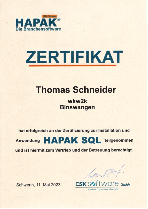 HAPAK-SQL Zertifikat Thomas Schneider